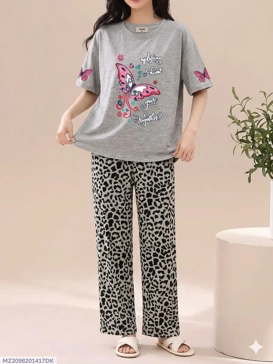 2 Pcs Women's Stitched Jersey Printed Night Suit