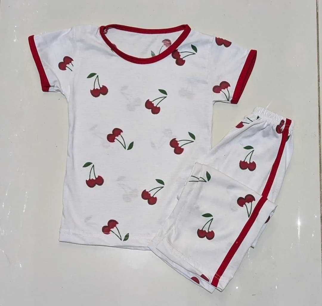Girls Cotton Rose Print Pajama Set White Red