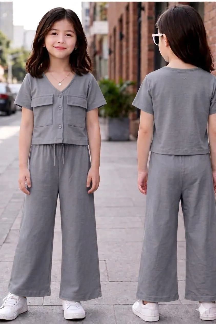 Girls Button Co-Ord Set Grey Wide Leg Pants