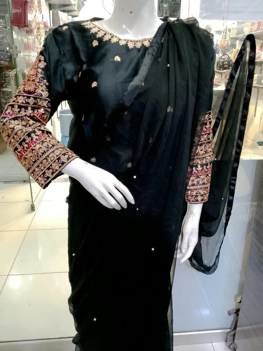 Black Chiffon 3-Piece Saree Set for Weddings Eid Parties