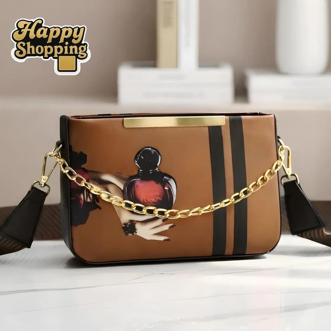 Pink Canvas Crossbody Bag with Perfume Bottle Print & Gold Chain
