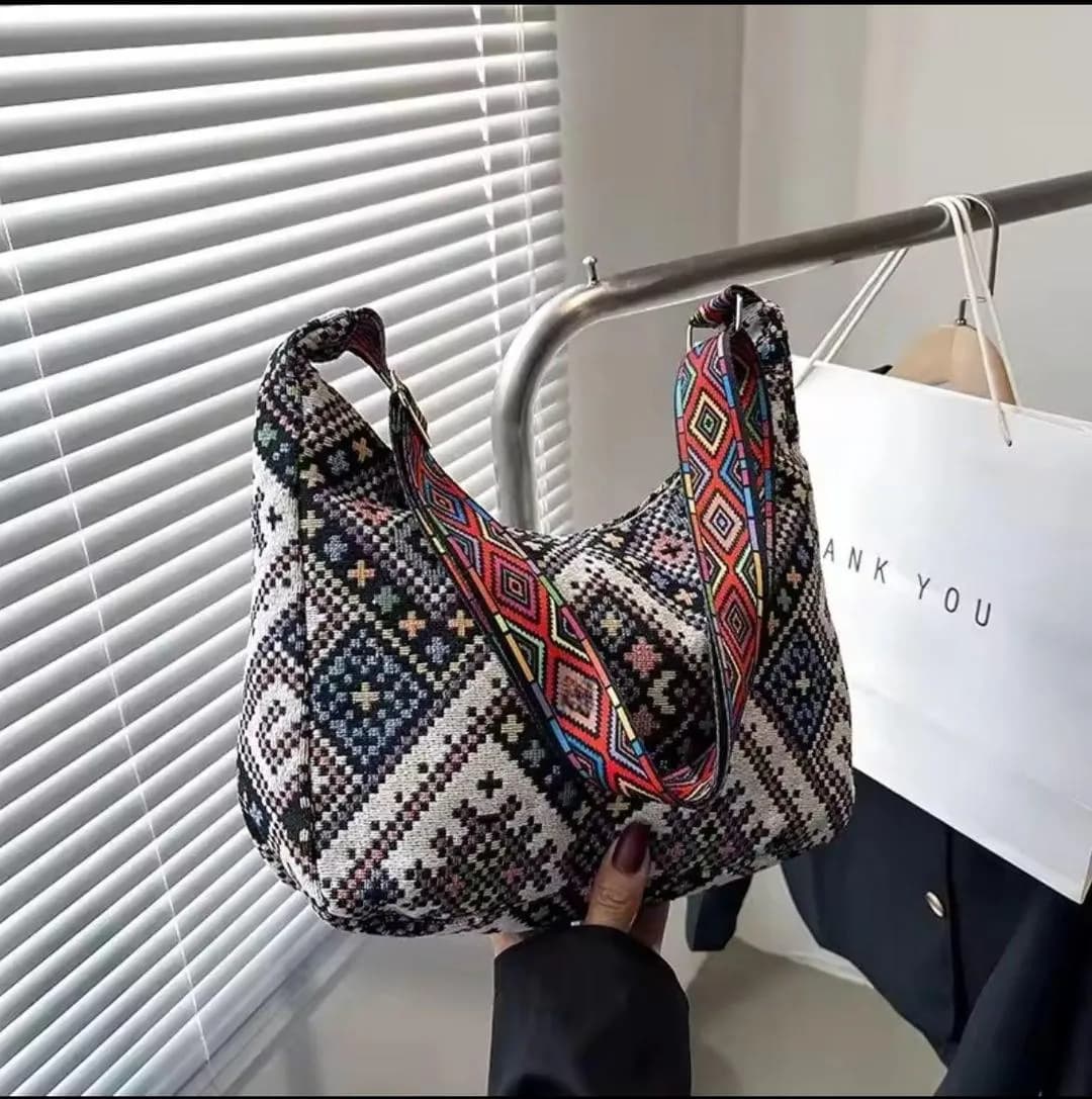 Stylish Printed Ethnic Pattern Shoulder Bag Maroon Cream Teal