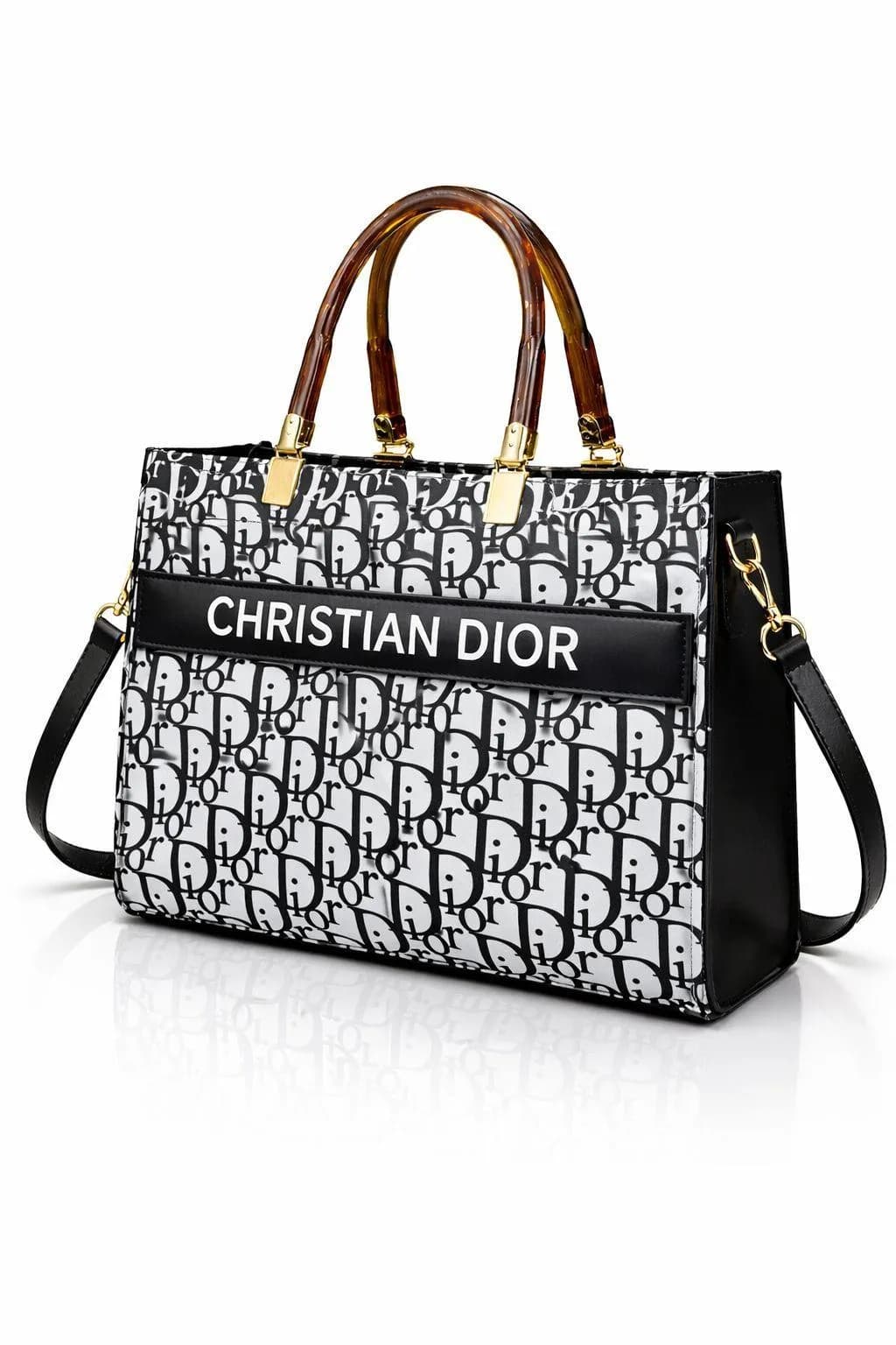 Christian Dior Shoulder Bag Black White Pattern with Gold Hardware