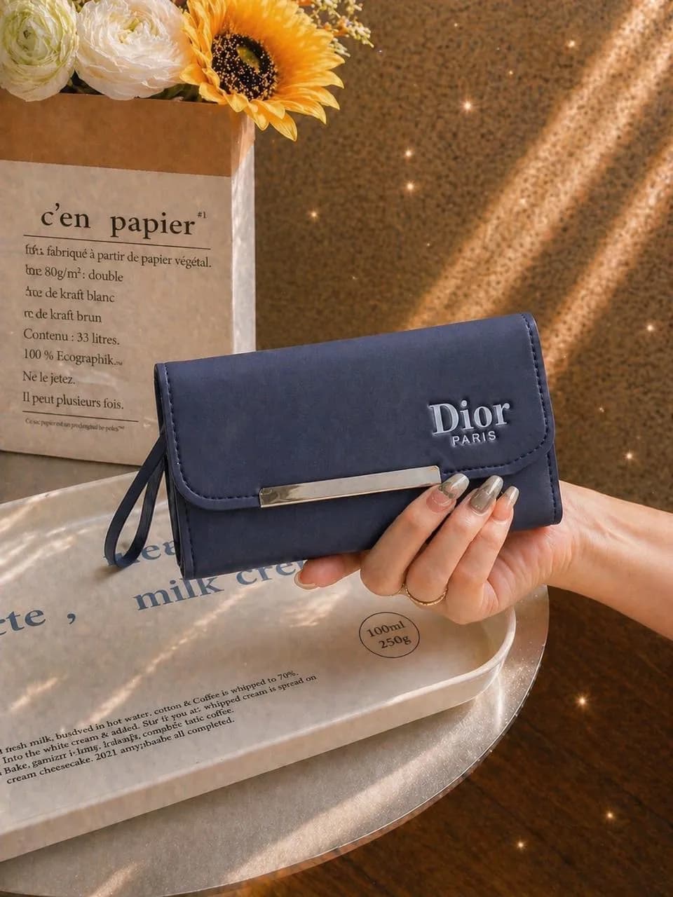 Dior PU Wallet Medium 2 Pockets Navy Blue