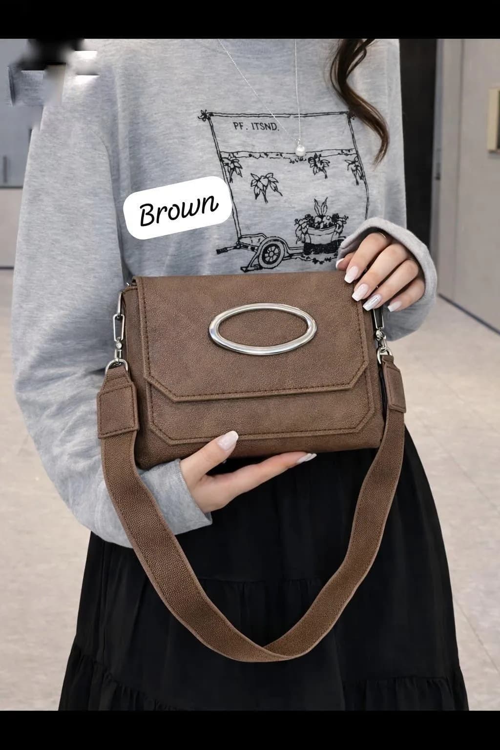 Brown Medium Crossbody Bag with Front Flap & Digital Strap
