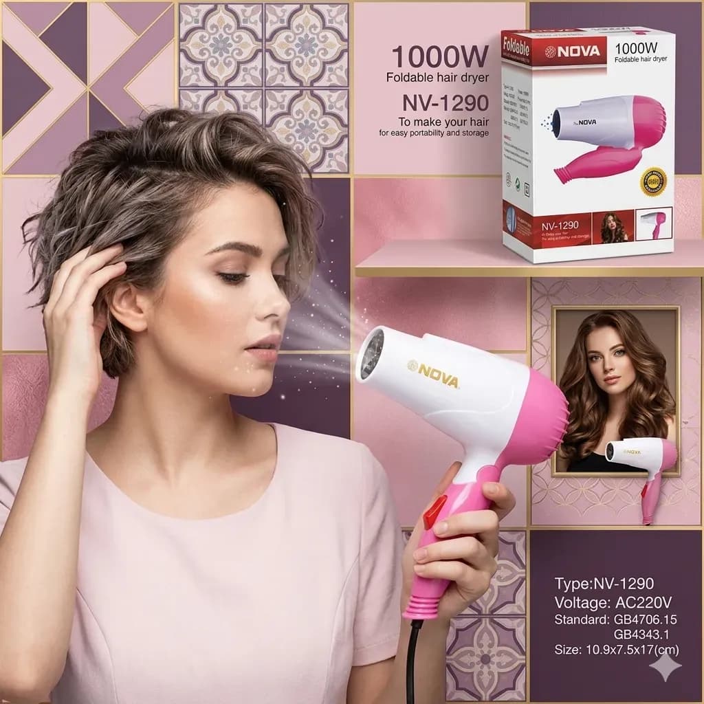 Nova 1000W Foldable Hair Dryer Pink
