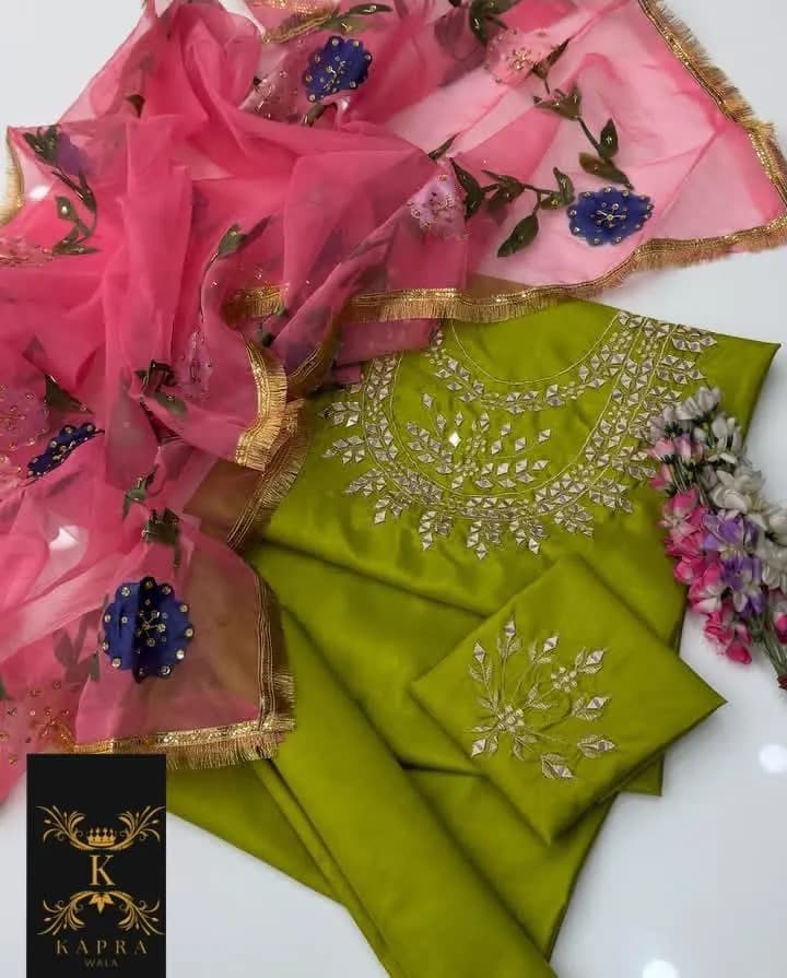 3 Pcs Women's Katan Silk Mirror Work Suit Green
