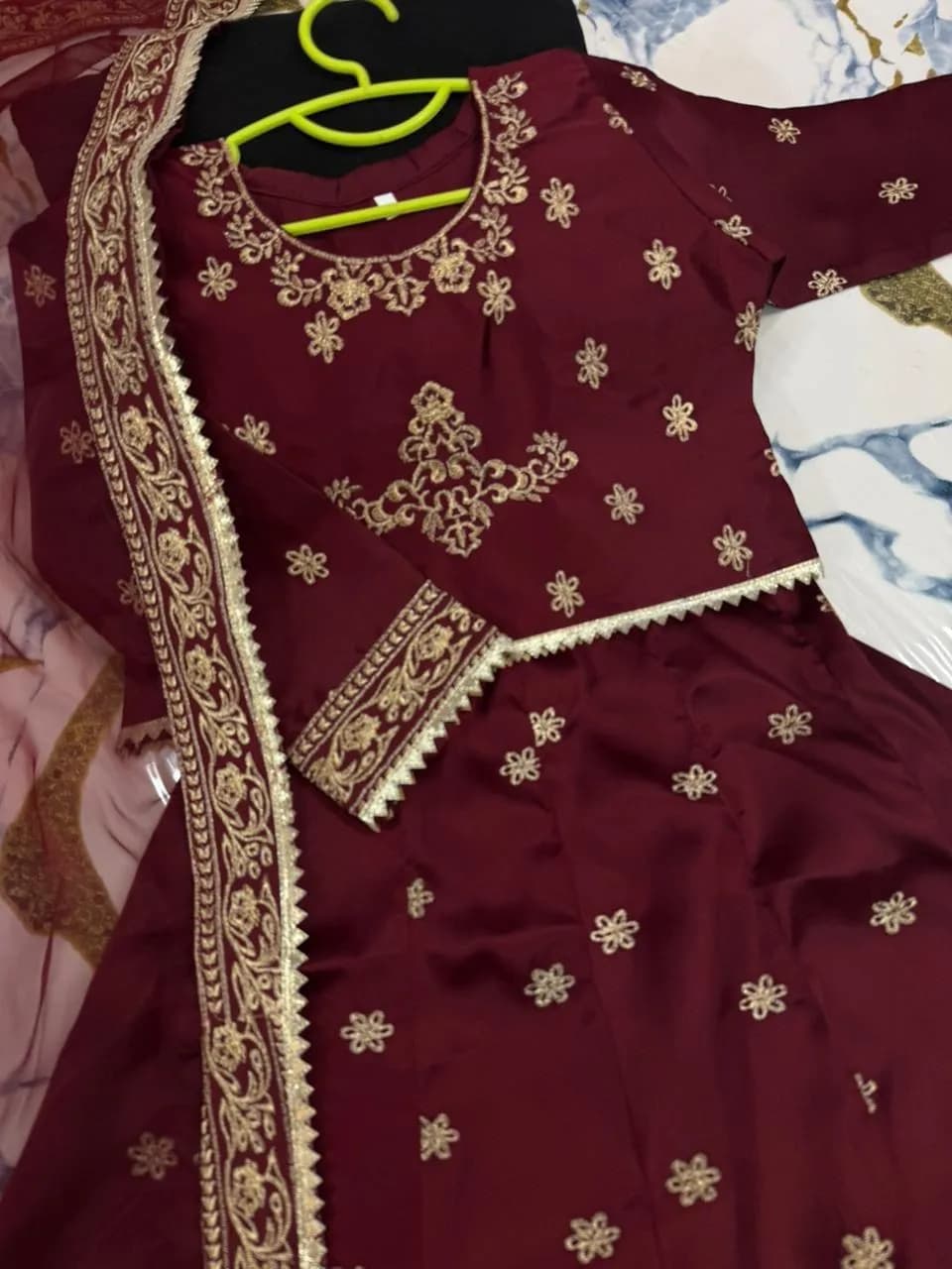 Kids Embroidered Maroon 3Pcs Set with Lace Dupatta
