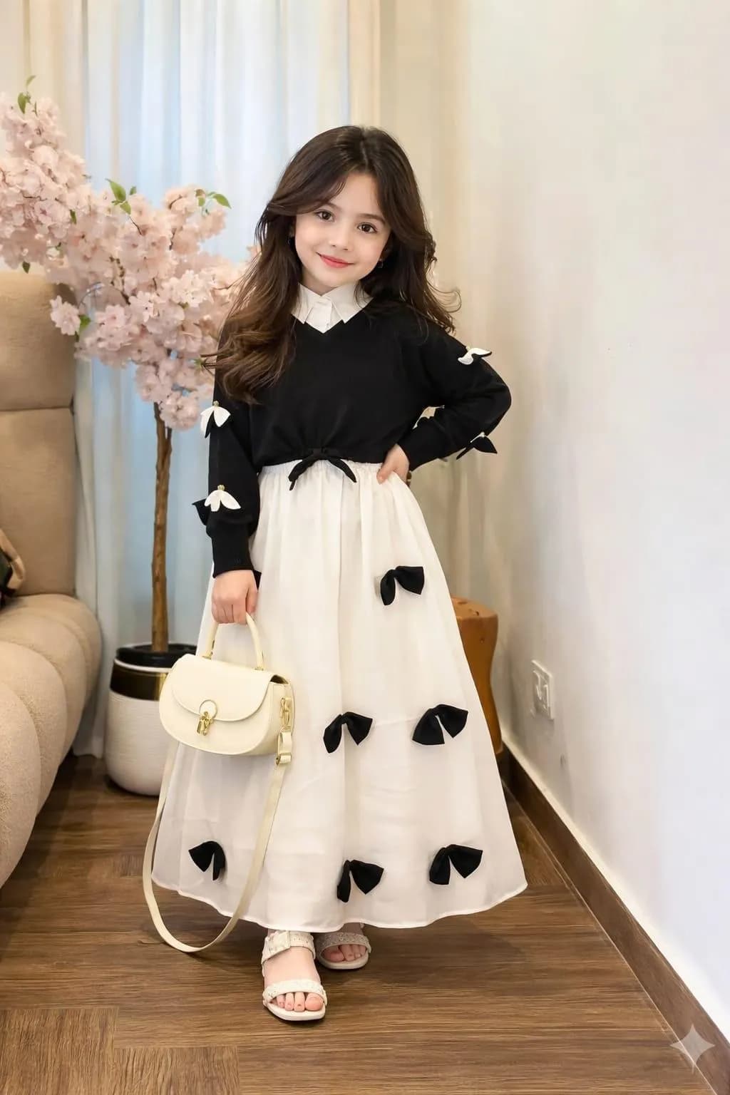 Kids Bow Western Maxi Top & Maxi Set Black White