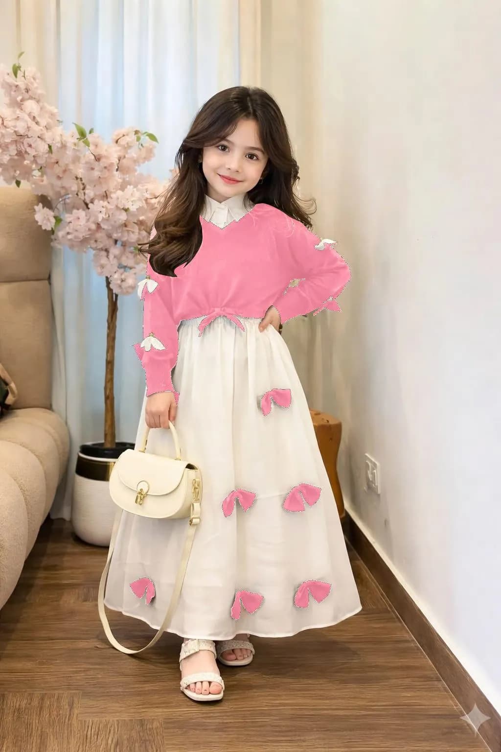 Kids Bow Western Maxi Top & Maxi Set Pink White