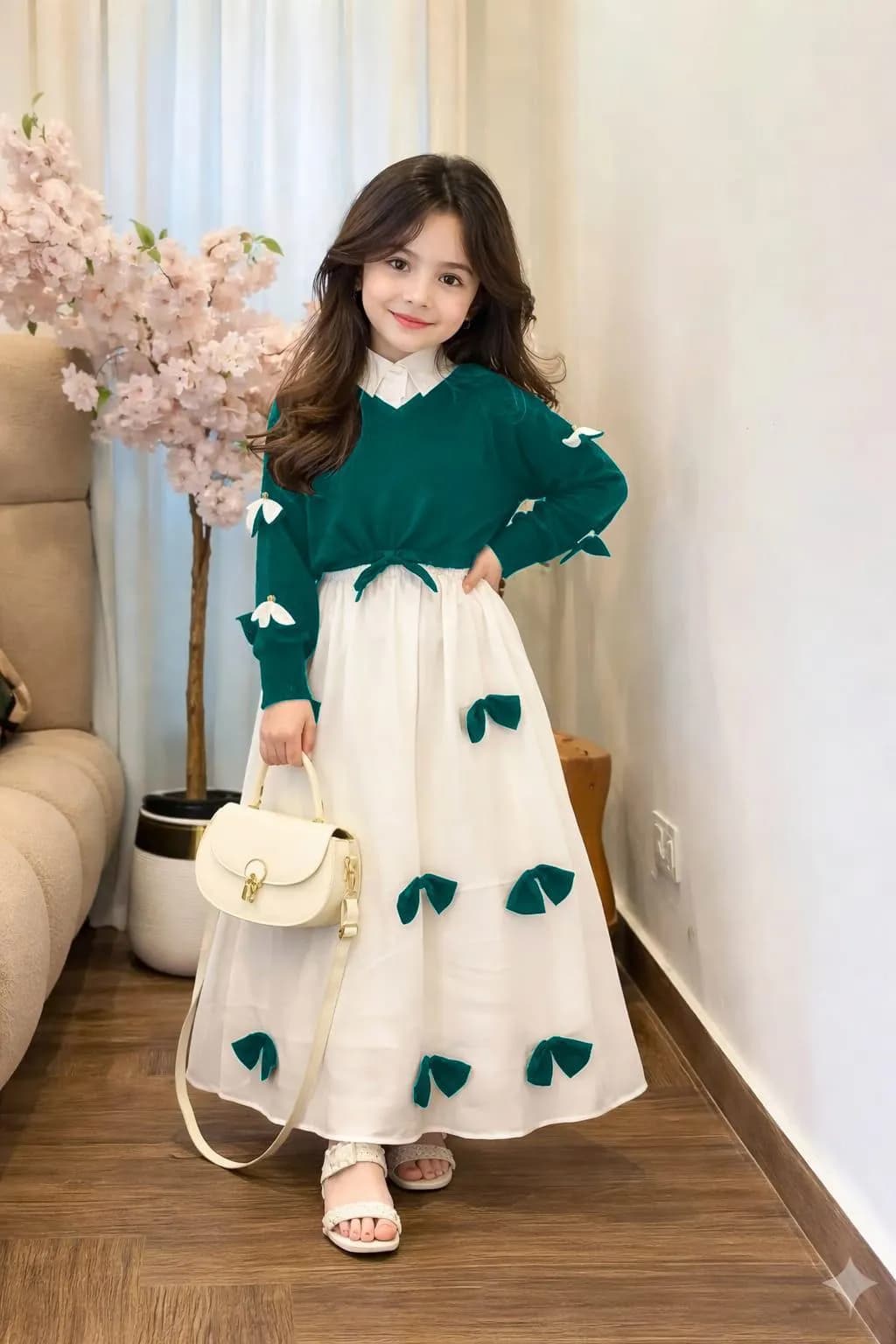 Kids Western Bow Top & Maxi Set Green White Georgette 2Pcs