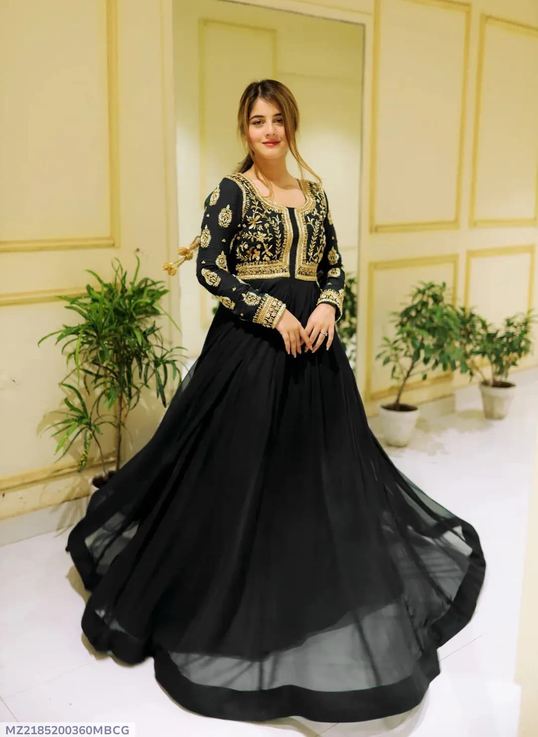 Black Embroidered Maxi Dress with Trouser Set