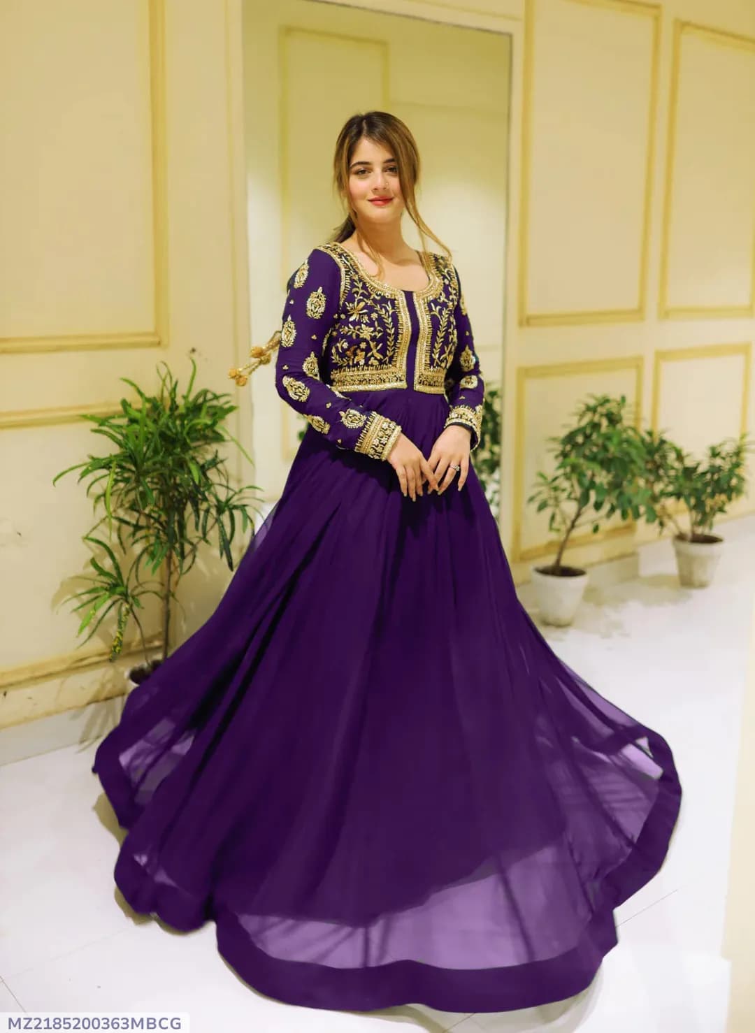 Purple Embroidered Maxi Dress with Trouser Set