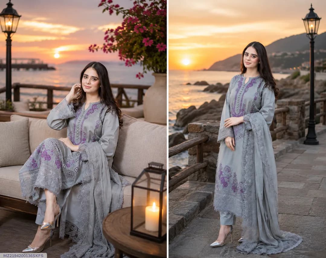 Women's 3-Piece Chikankari Lawn Suit Grey