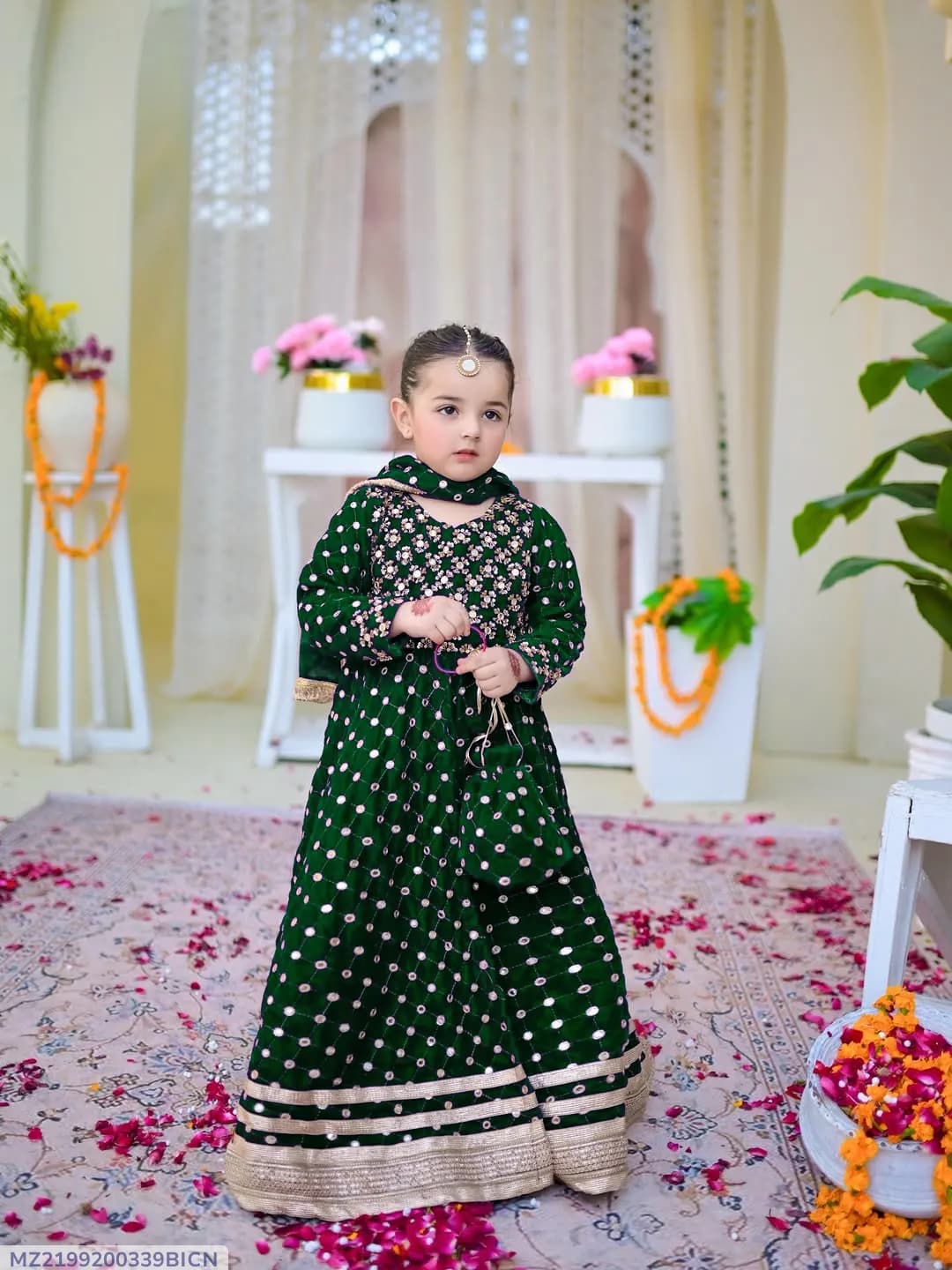 Kids Eid Heavy 9MM Lace Maxi Dress Set 4Pcs