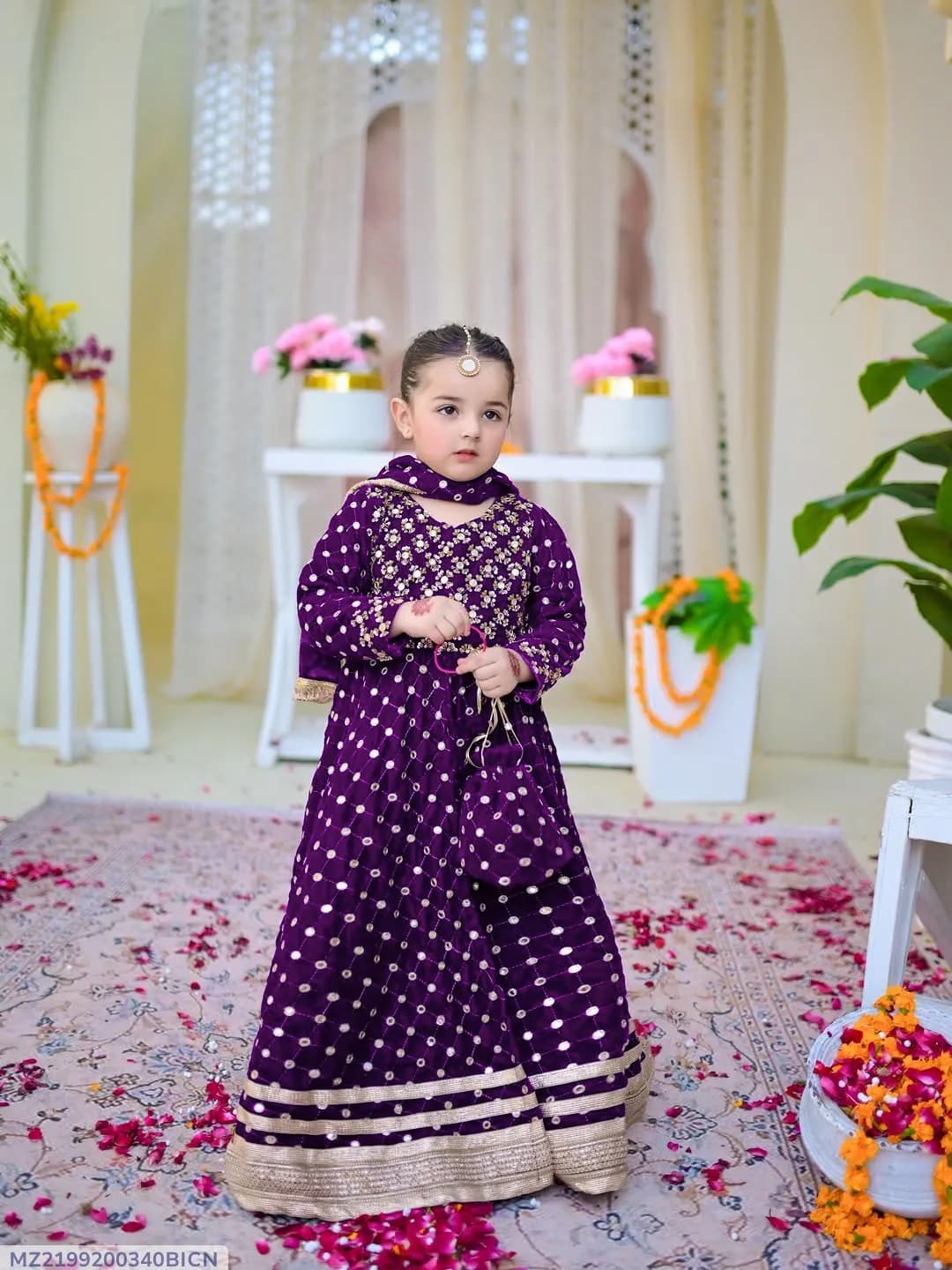 Purple Chiffon Kids Eid Maxi Dress with 9MM Lace Work