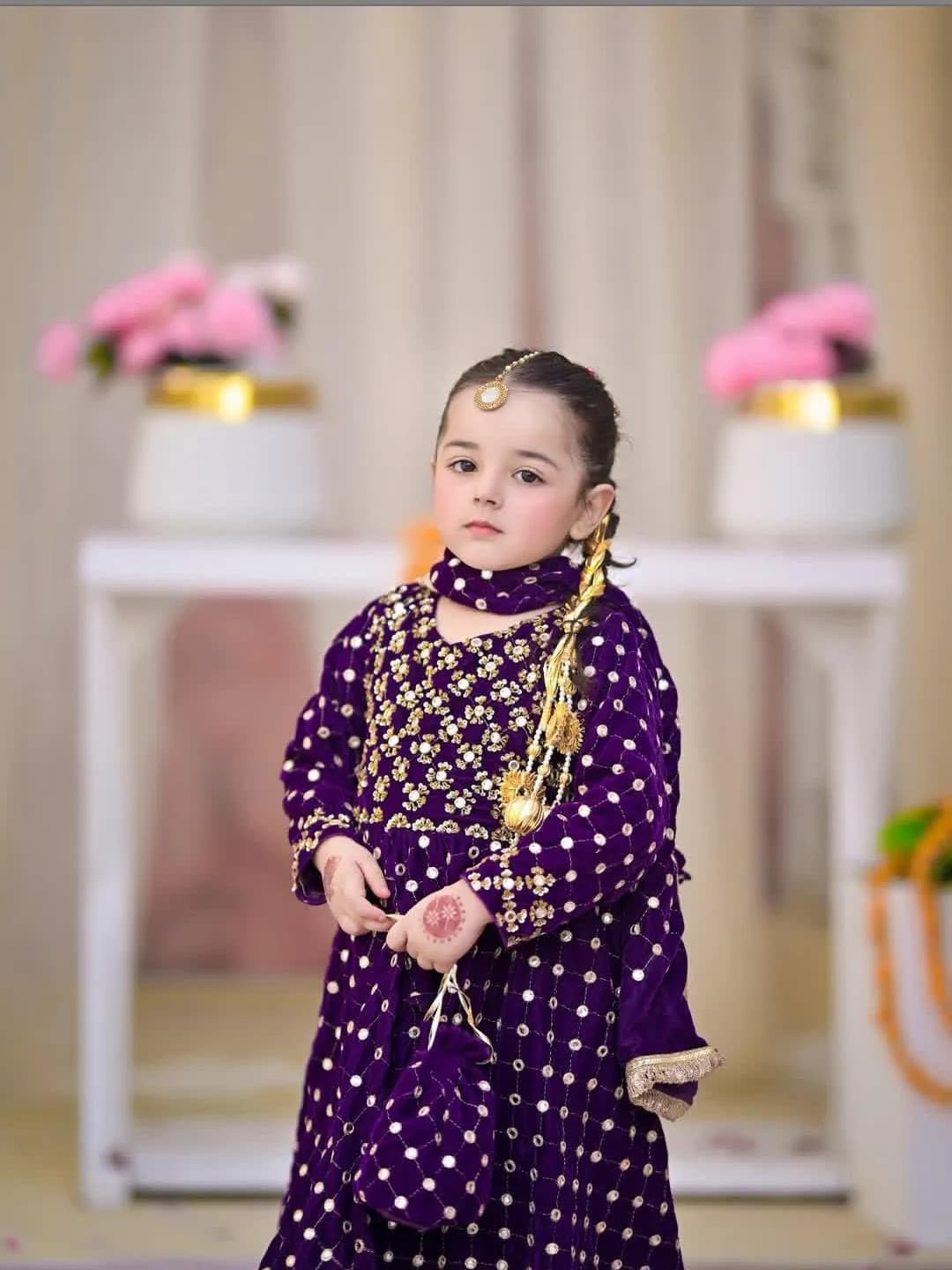 Purple Chiffon Kids Eid Maxi Dress with 9MM Lace Work