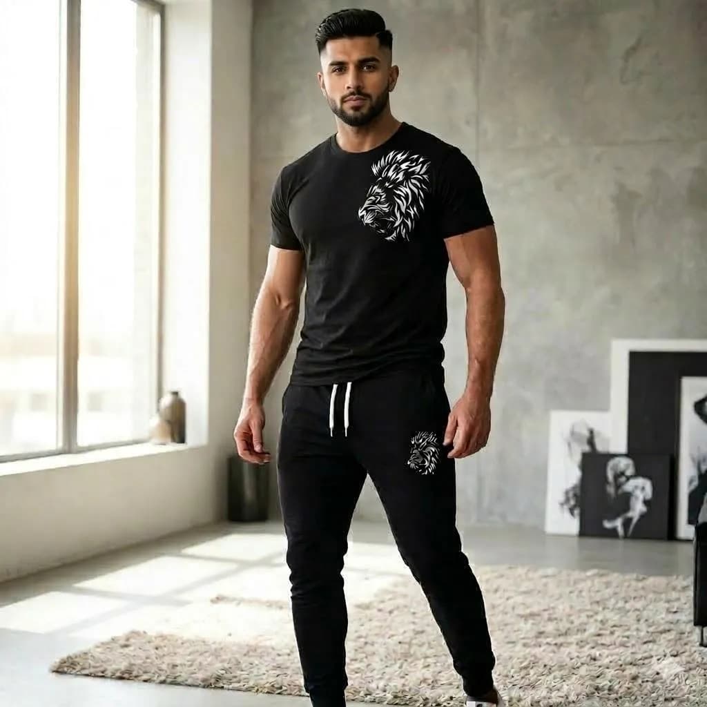 Men Black Lion Graphic Track Suit 28" XL