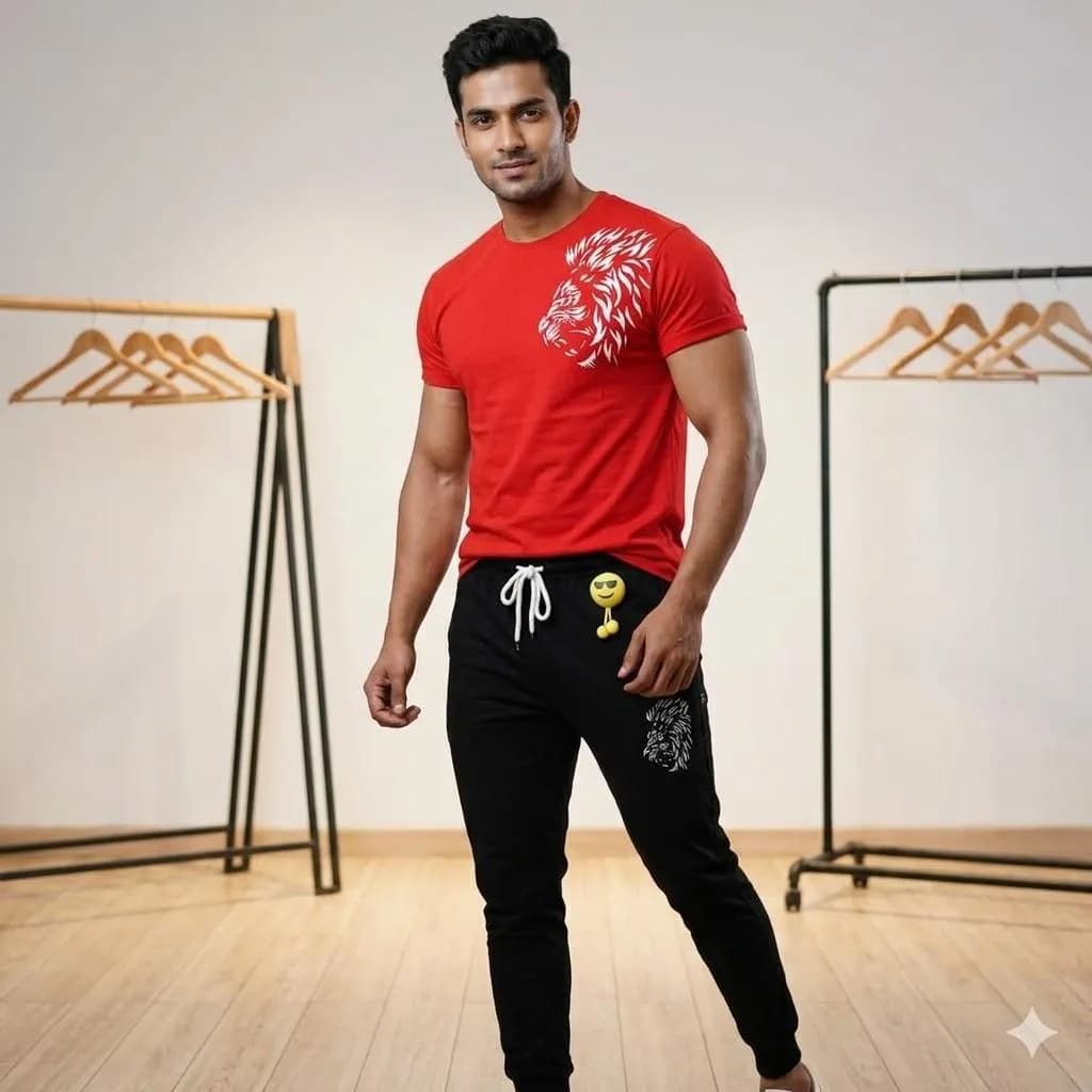 Men Red Lion Print Track Suit 2Pcs XL Polyester