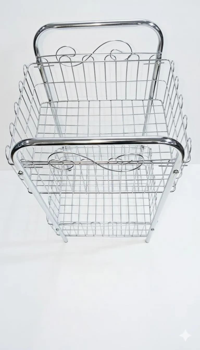 Two Tier Chrome Metal Fruit Basket 13x13x21" Silver