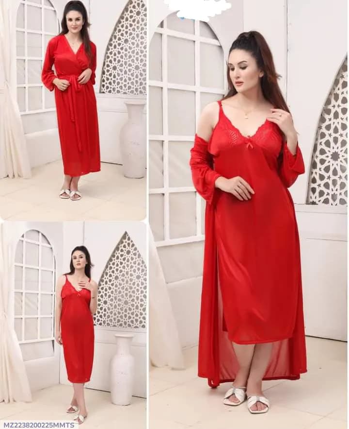 Red Silk V-Neck Nightgown Set for Women 2 Pcs