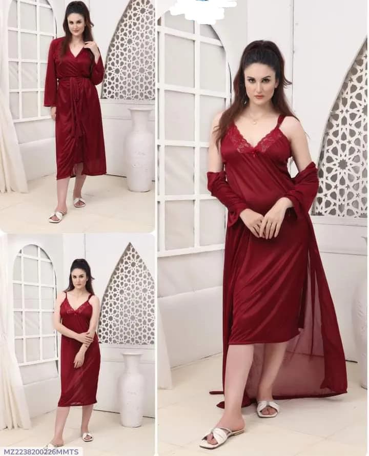 Maroon Silk V-Neck 2-Piece Sleep Set for Women
