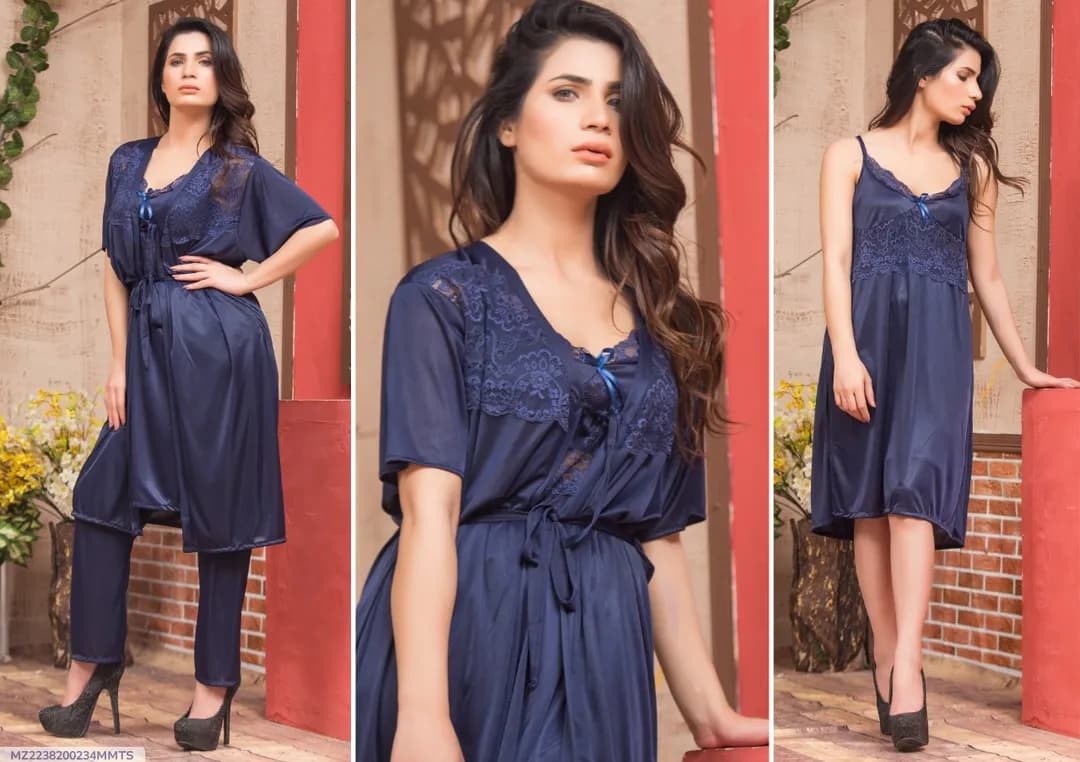 Blue Silk V-Neck Nightgown Set for Women
