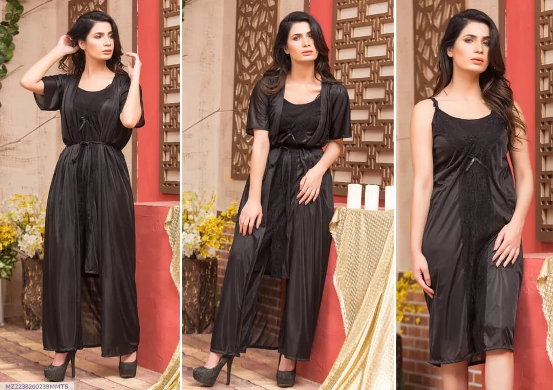 Black Silk Lace Nightgown Set with V-Neck