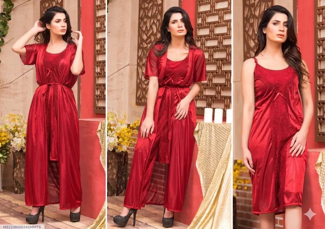 Red Silk V-Neck Nightgown Set 2 Pcs