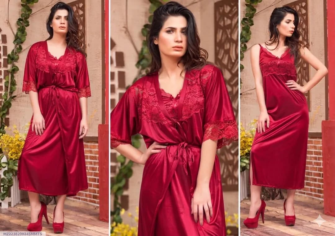 Red Silk Lace V-Neck Nightgown Set 2 Pcs