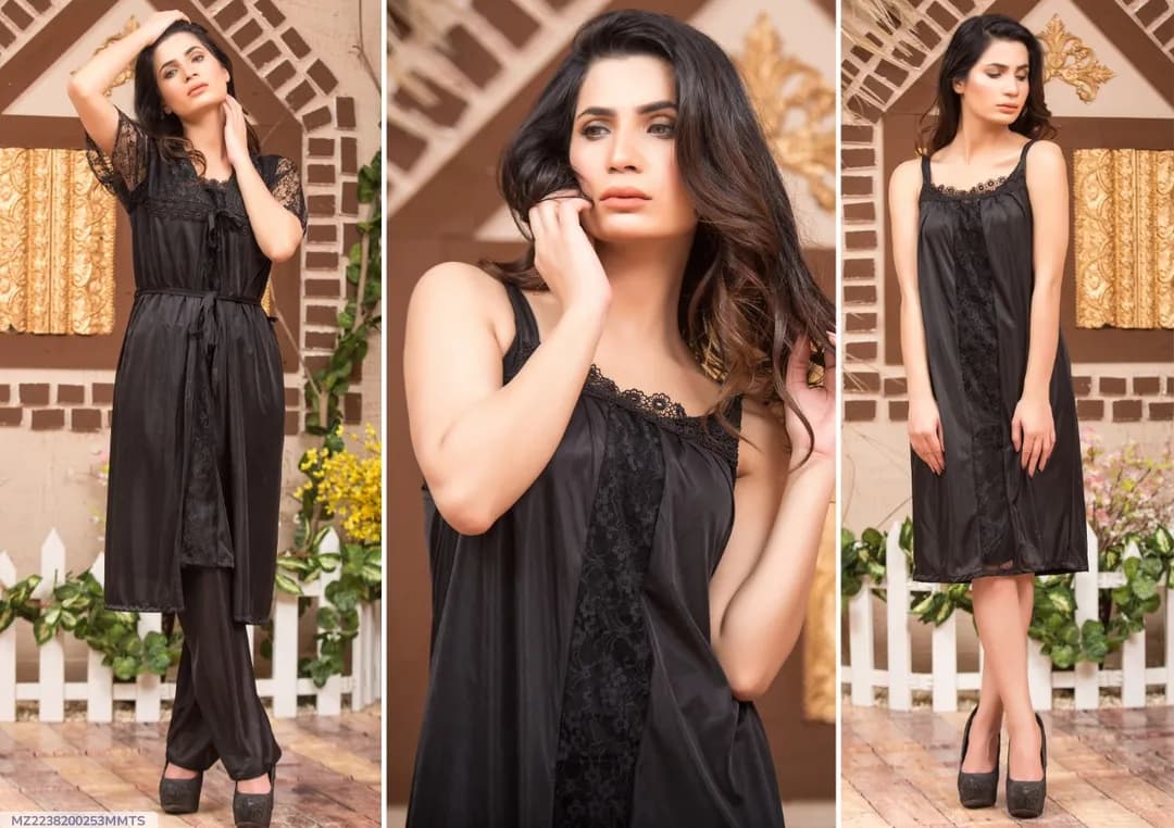 Women's Silk Lace Night Suit Black 3 Pcs Set