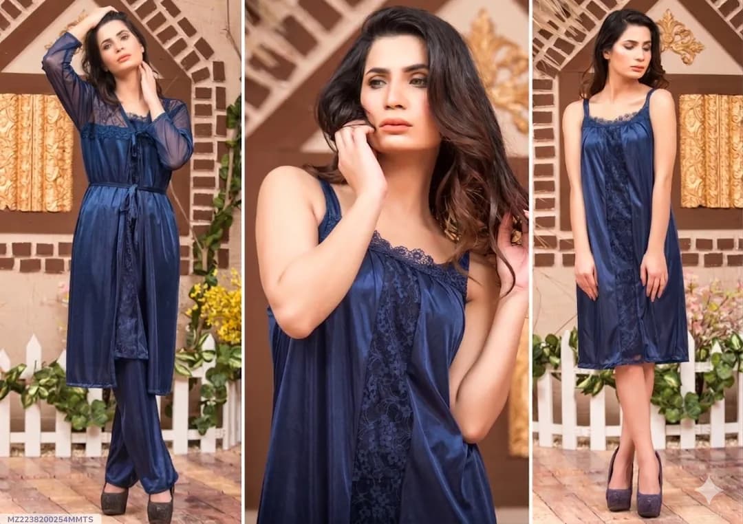 Blue Silk Lace Night Suit 3 Pcs Women