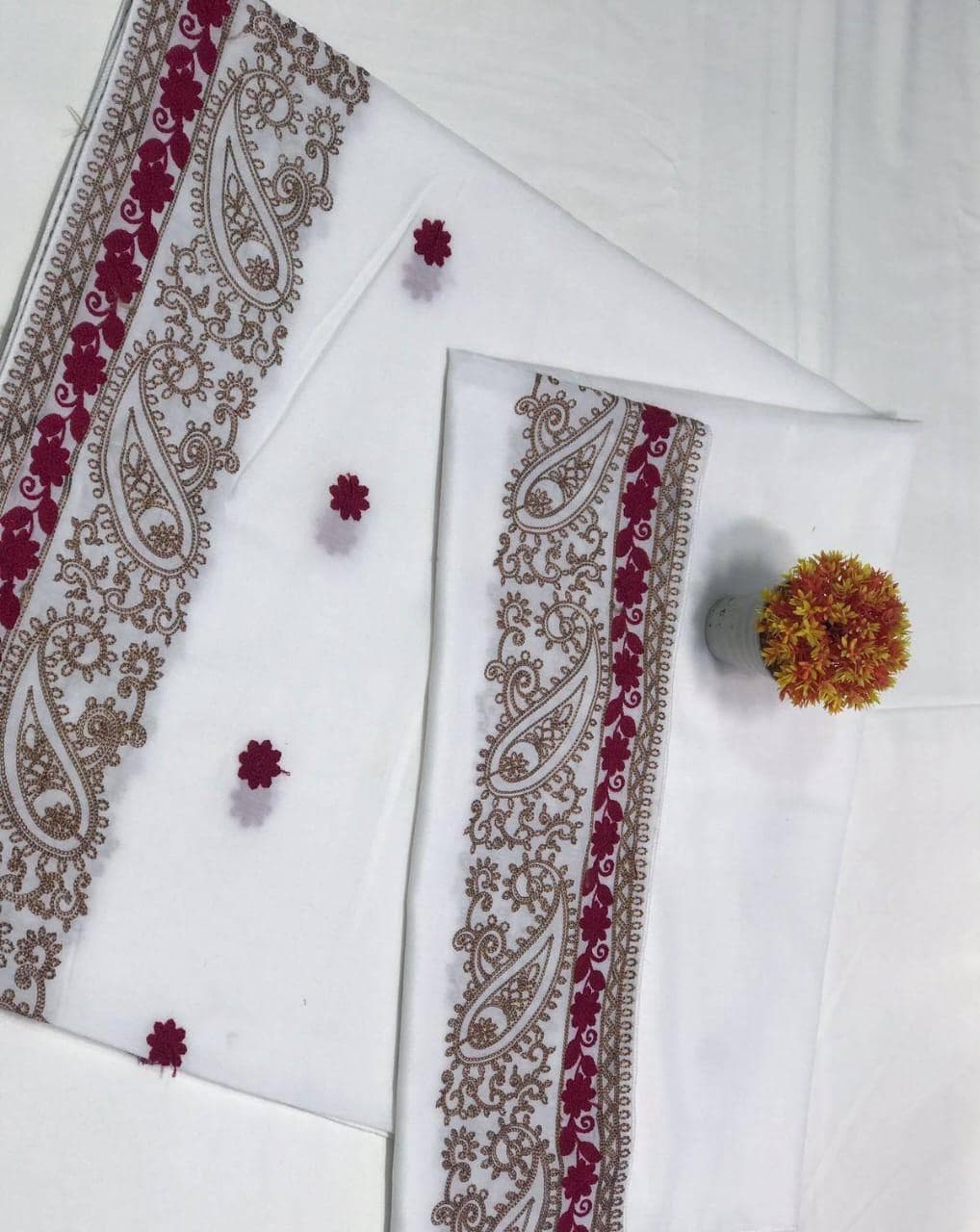 Women Swiss Embroidered Shawl Burgundy Gold Off White