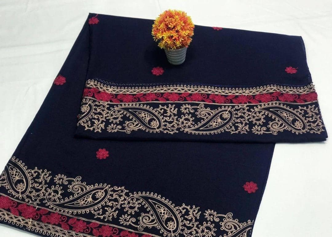 Swiss Embroidered Shawl Navy Red Gold Paisley