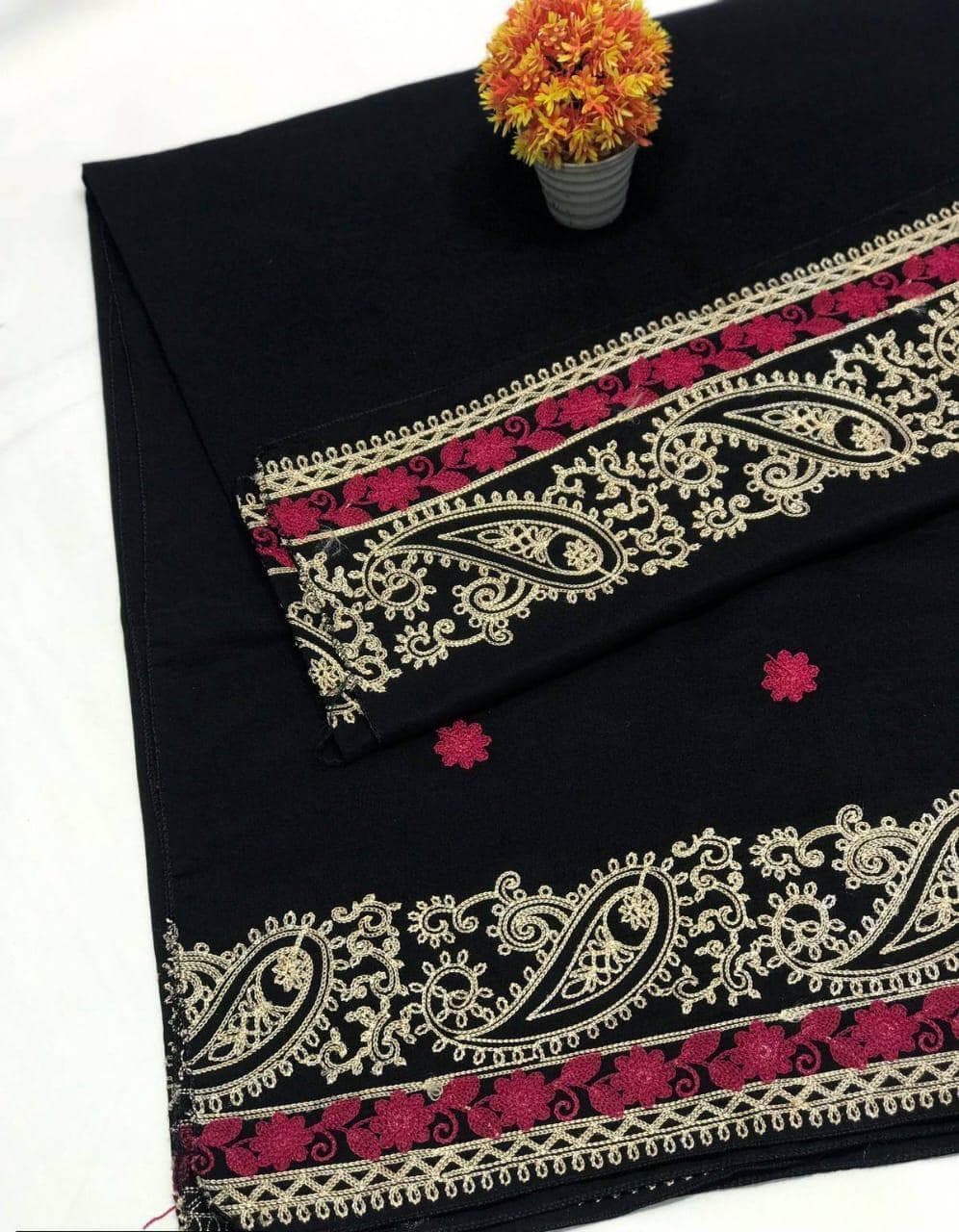 Black Swiss Embroidered Shawl Gold Burgundy