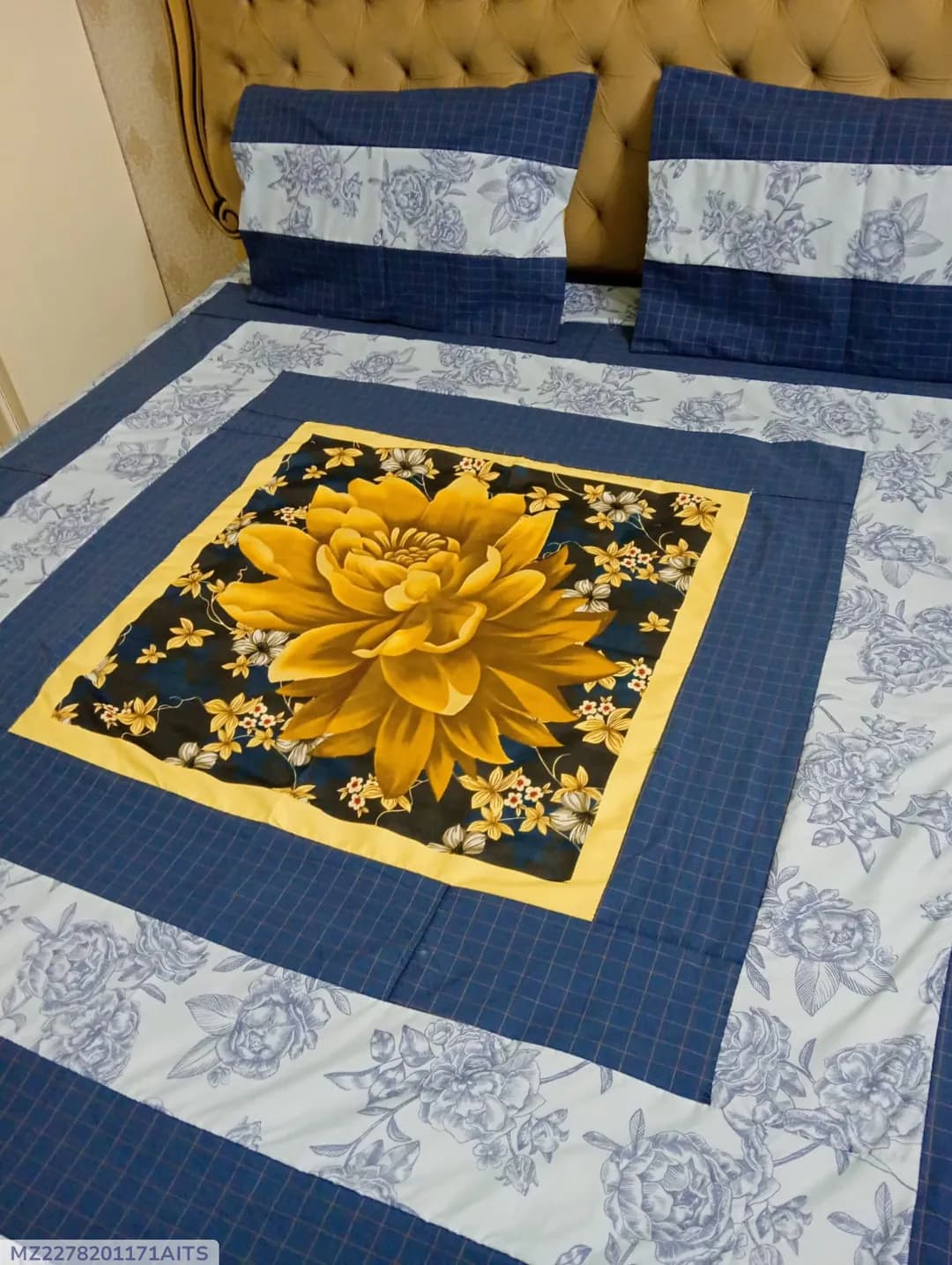 Cotton Patchwork Double Bed Sheet Set Blue 3 Pcs
