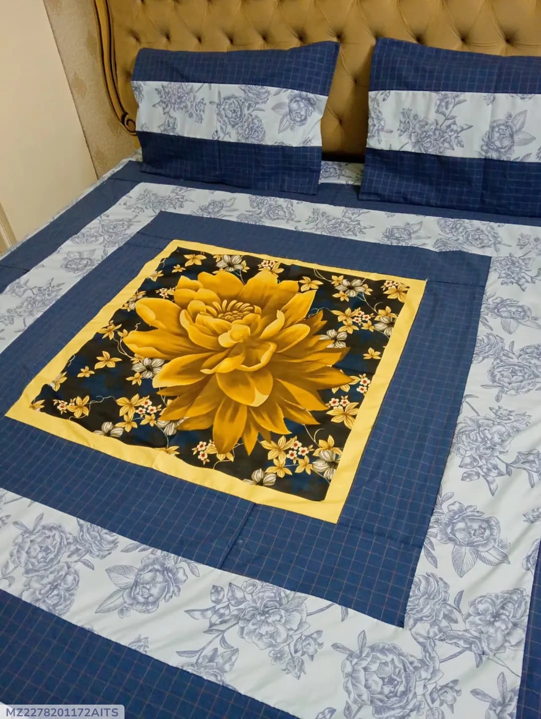 Blue Floral Patchwork Cotton Bedsheet Set for Double Bed
