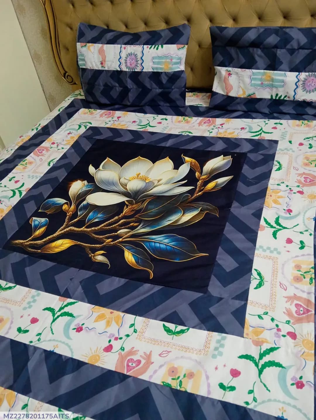 Cotton Patchwork Double Bedsheet Blue 3 Pcs