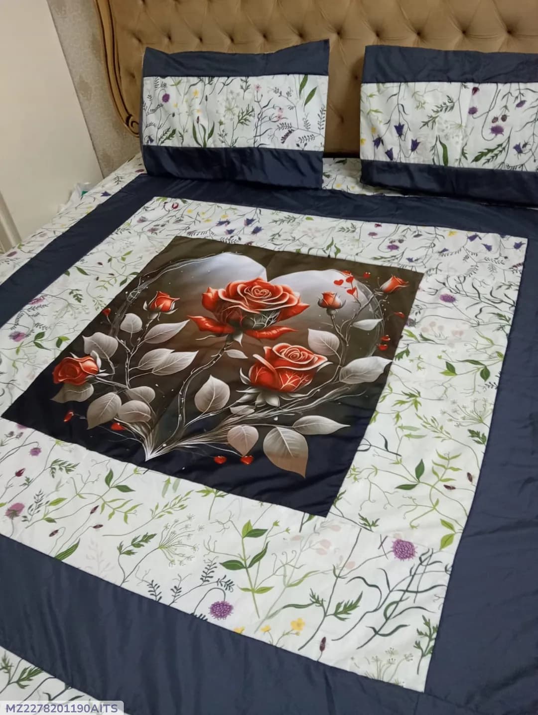 Cotton Patchwork Double Bedsheet Set Blue Rose Design