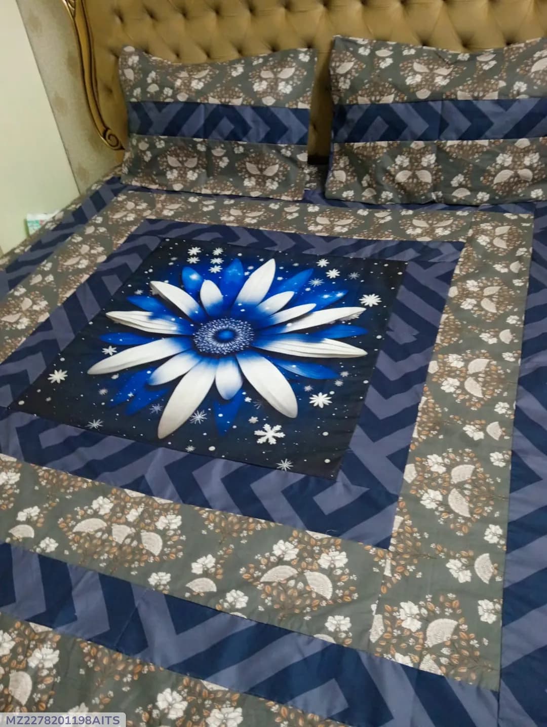 Blue Floral Patchwork Cotton Bedsheet Set for Double Bed