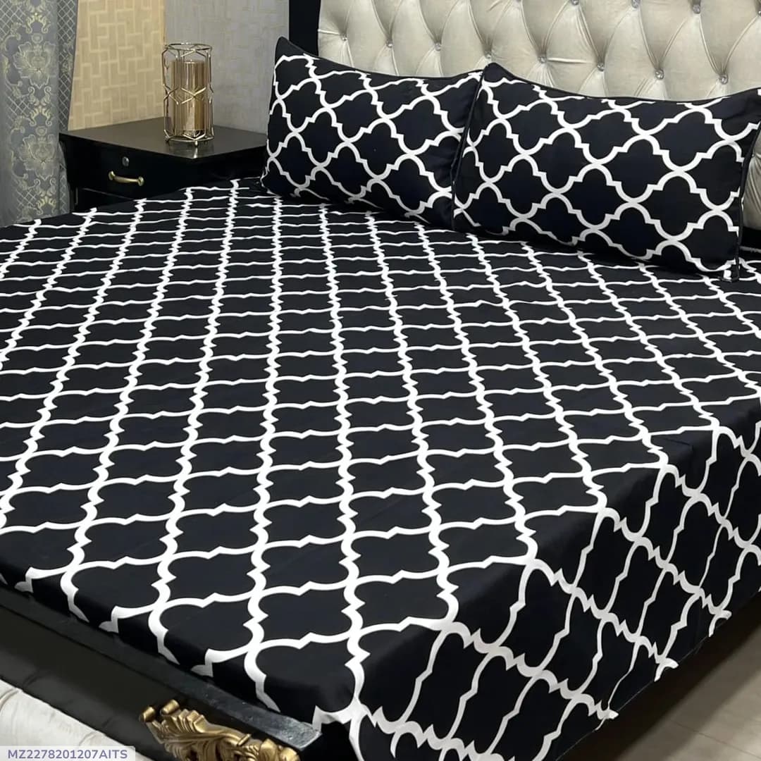 Black Crystal Cotton Printed Double Bedsheet Set 3 Pcs