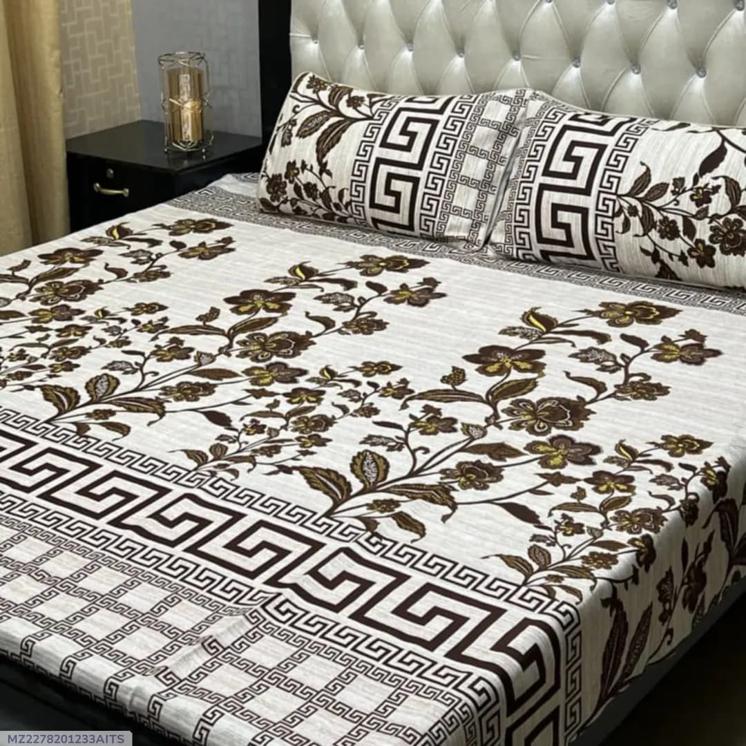 Crystal Cotton Printed Double Bedsheet Set Off White 3 Pcs