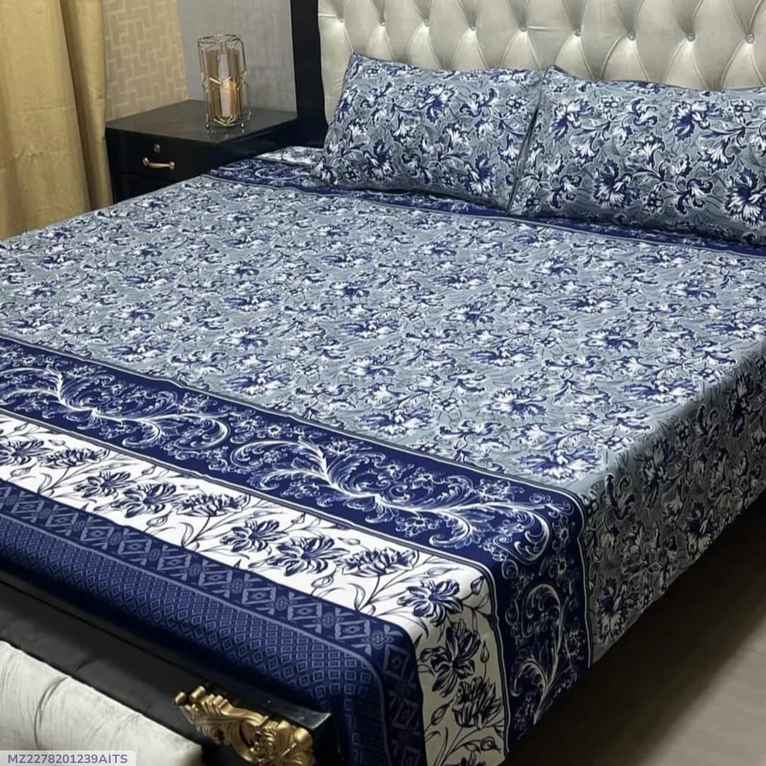 Blue Crystal Cotton Double Bedsheet Set 3 Pcs