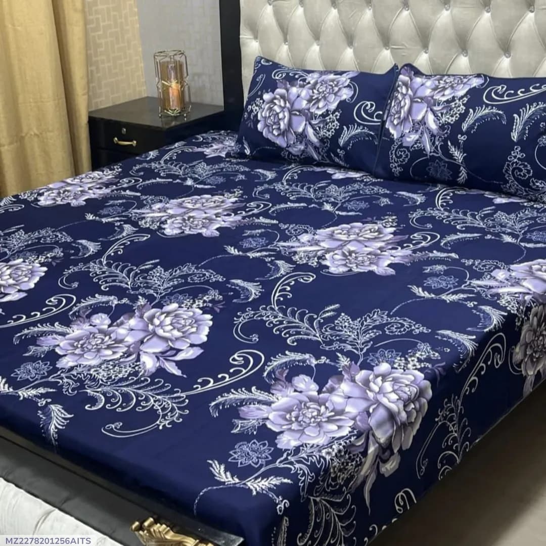 Blue Crystal Cotton Printed Double Bedsheet Set of 3