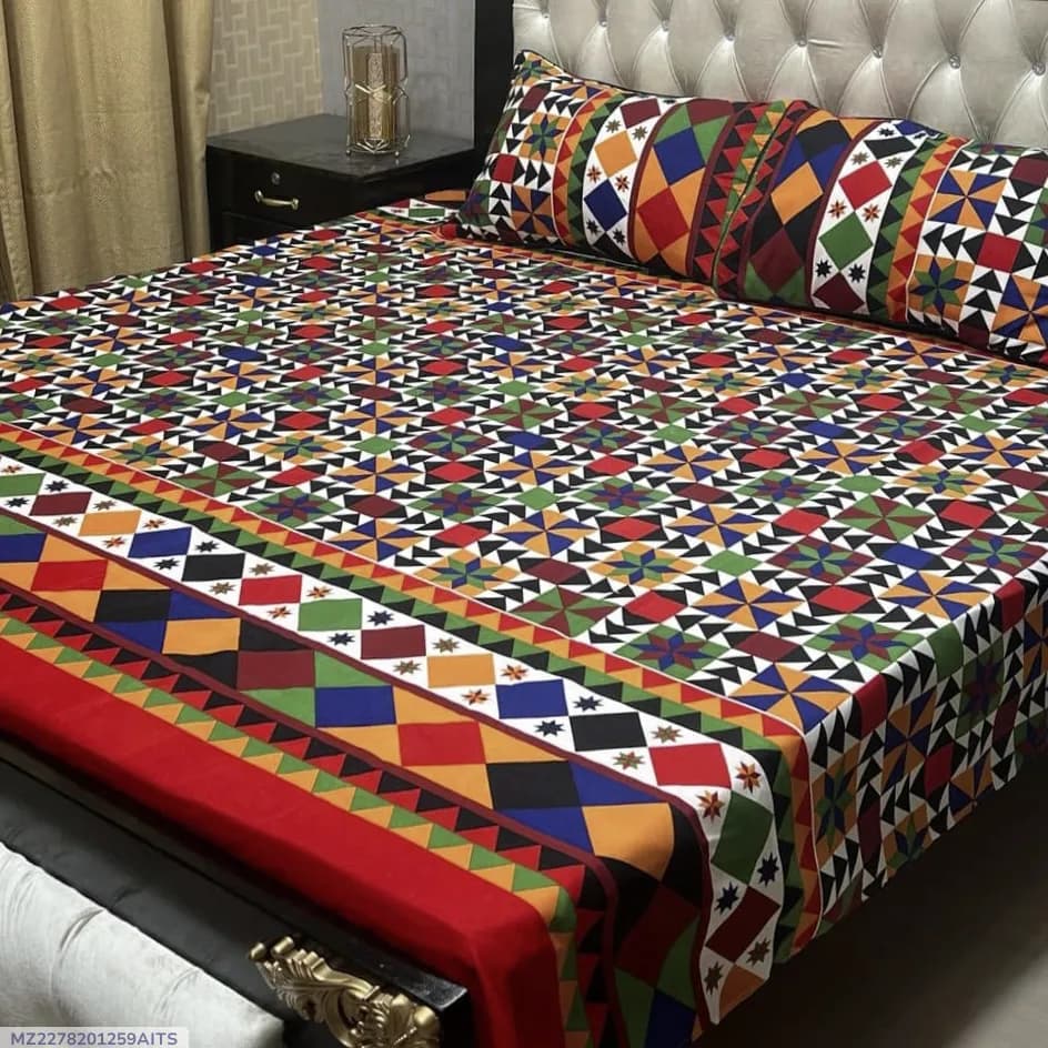 Crystal Cotton Multicolor Double Bedsheet Set 3 Pcs