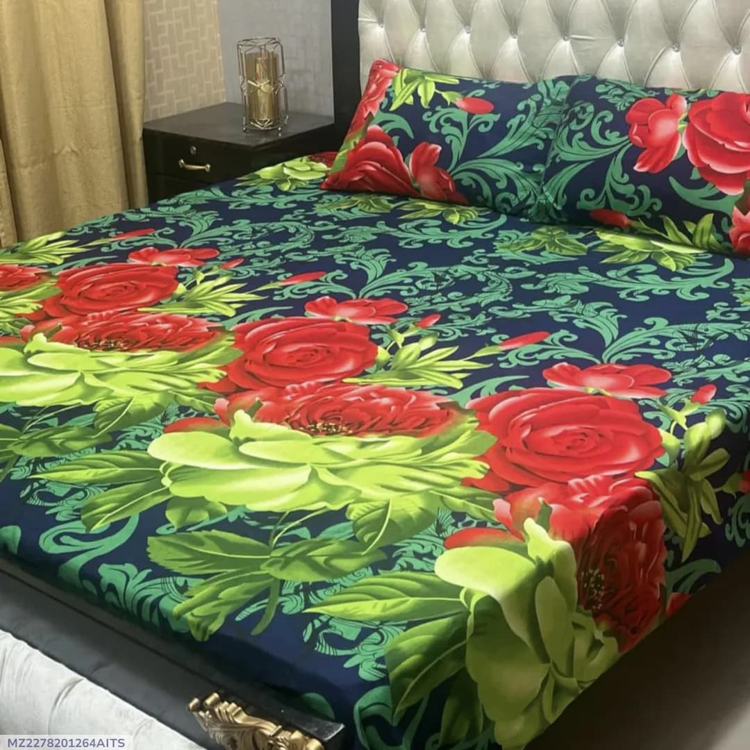 Crystal Cotton Printed Green Double Bedsheet Set 3 Pcs
