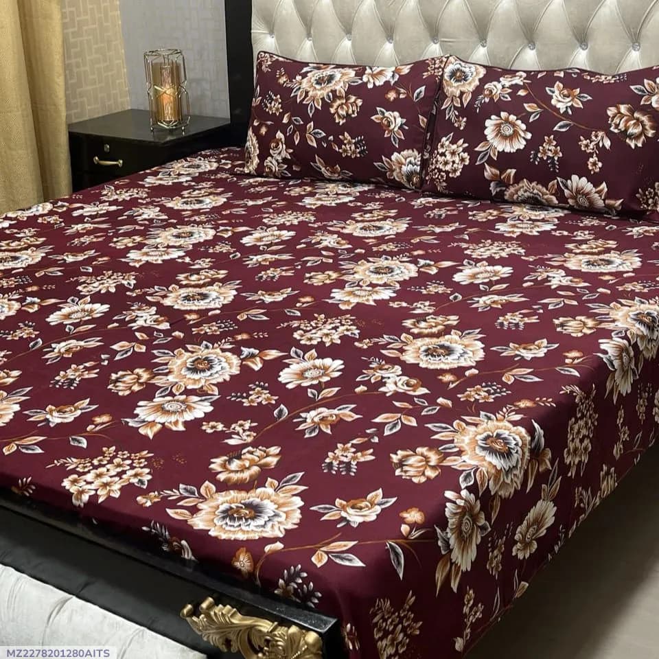 Maroon Floral Crystal Cotton Double Bedsheet Set of 3