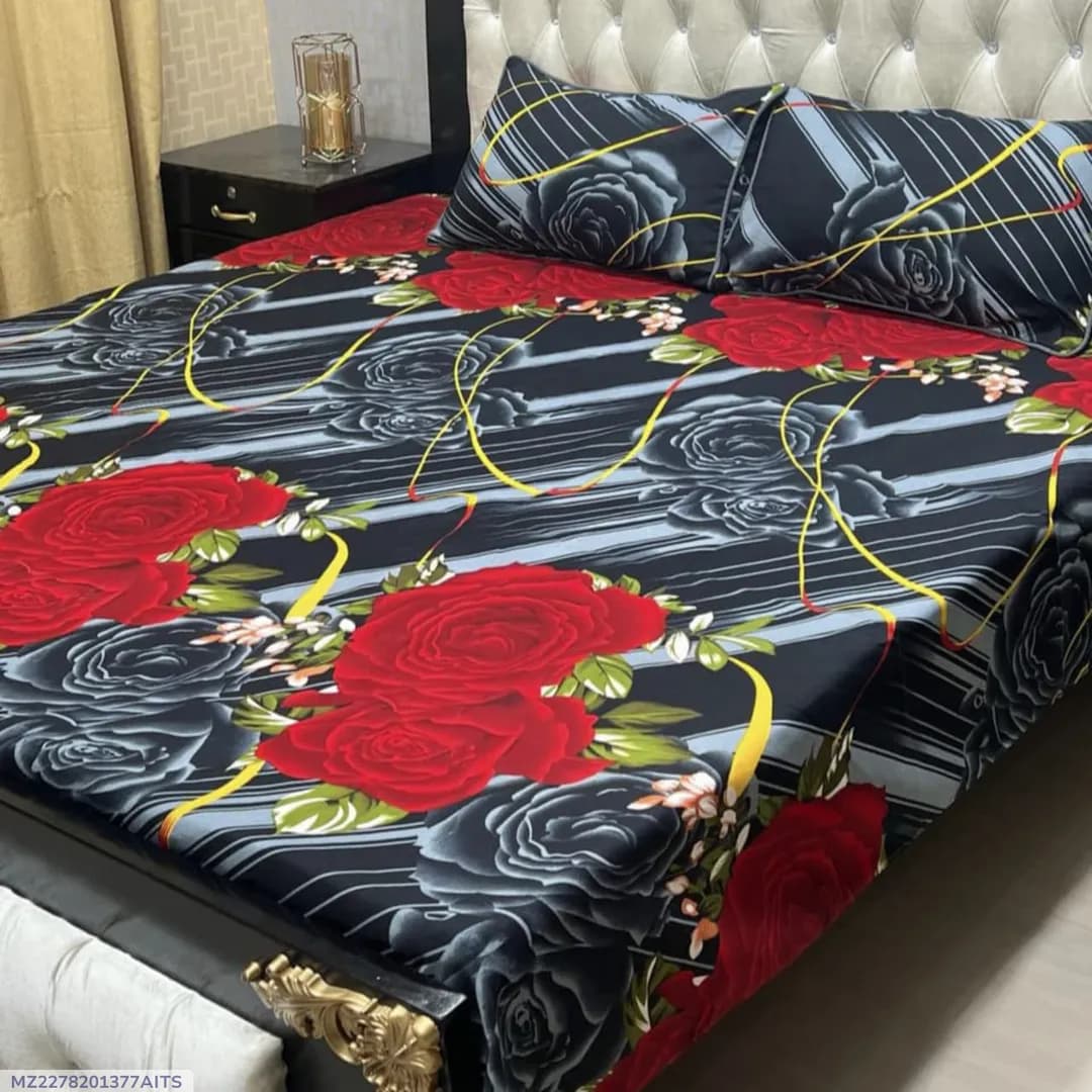 Crystal Cotton Printed Double Bedsheet Black 3 Pcs Set