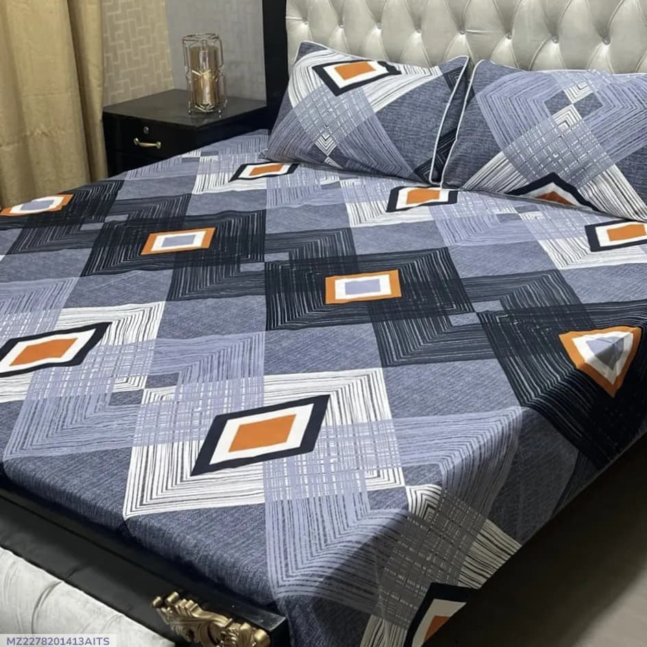 Crystal Cotton Printed Double Bedsheet Set Silver 3 Pcs