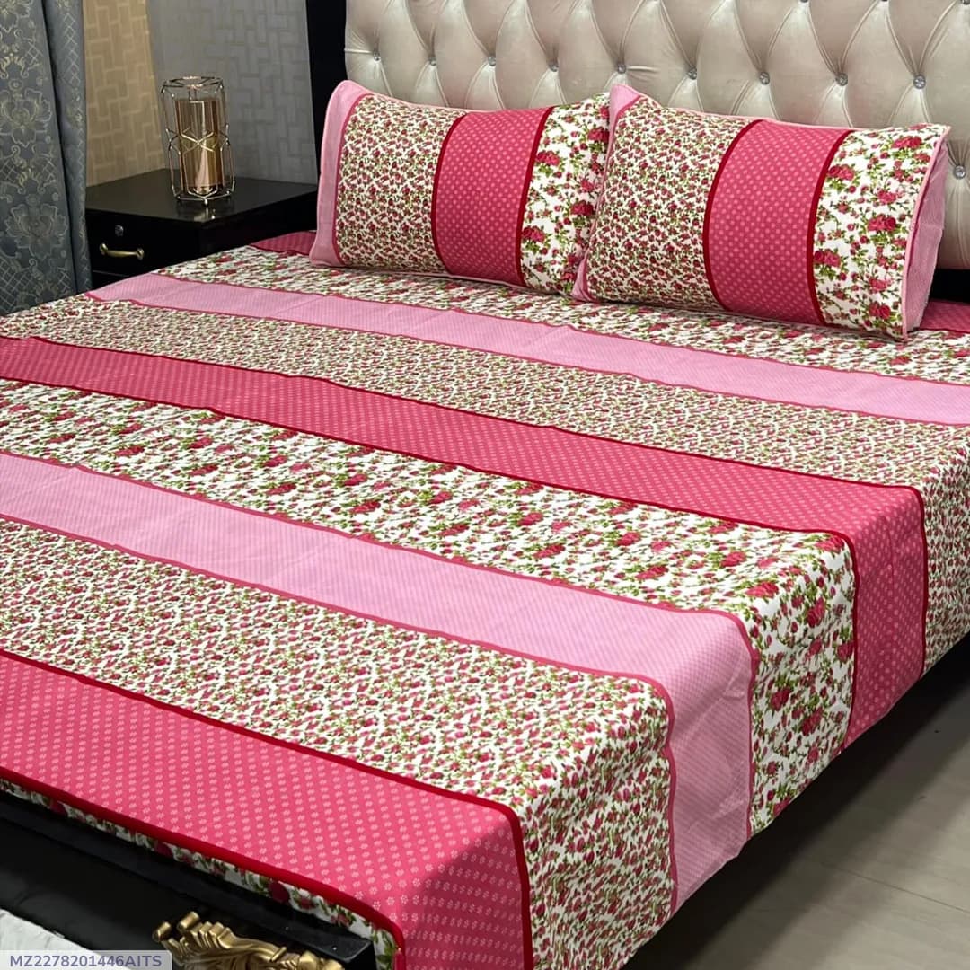 3 Pcs Crystal Cotton Printed Double Bedsheet